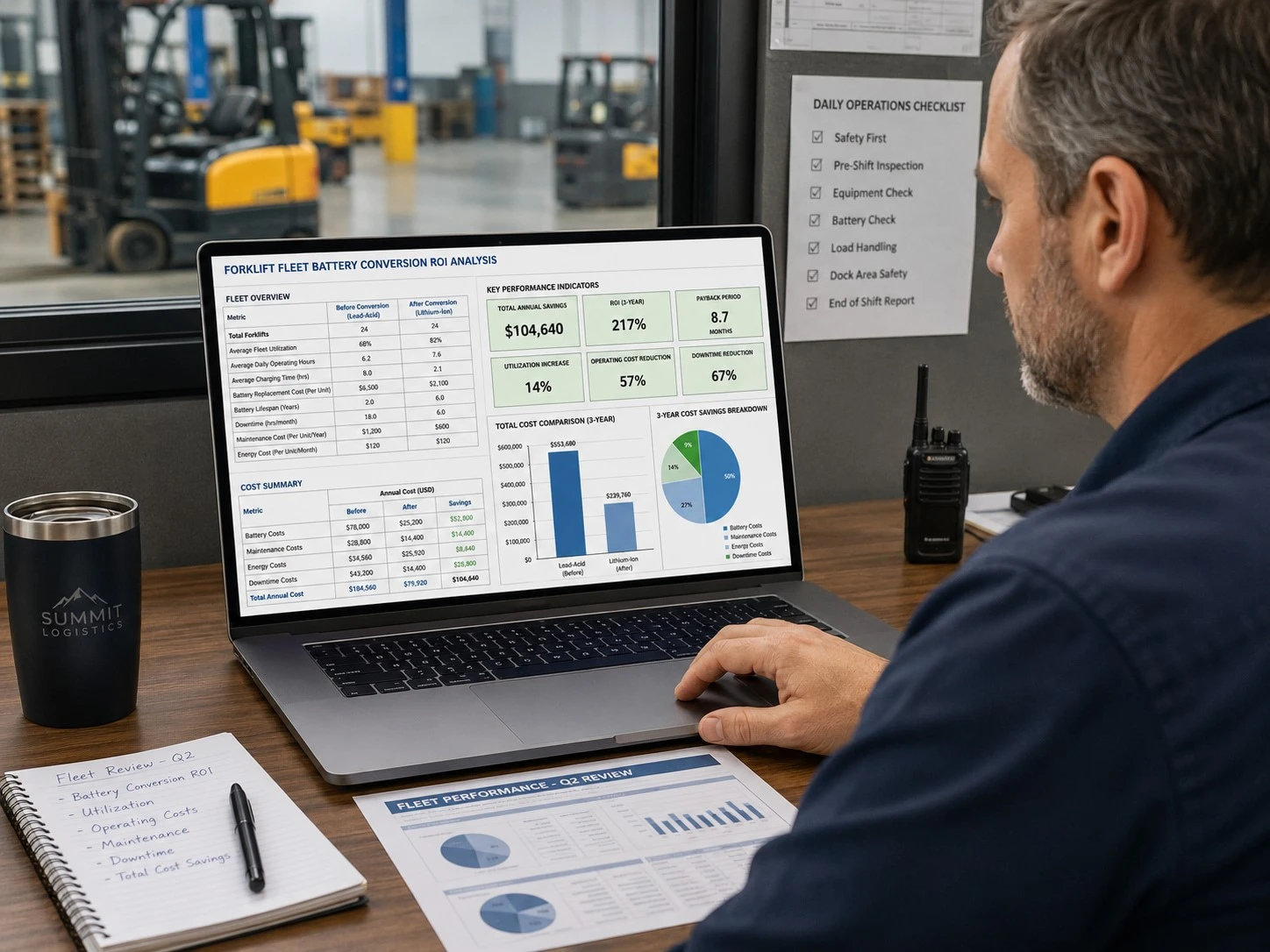 Operations manager reviewing spreadsheet analytics and fleet efficiency data on laptop reflecting forklift fleet battery conversion ROI metrics Operations manager reviewing spreadsheet analytics and fleet efficiency data on laptop reflecting forklift fleet battery conversion ROI metrics